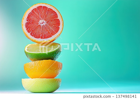 Vibrant citrus stack of halved fruits on a bright turquoise background 137498141