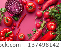 Fresh vegetables on pink background: tomatoes, peppers, radishes, carrots, and greens, colorful still life 137498142