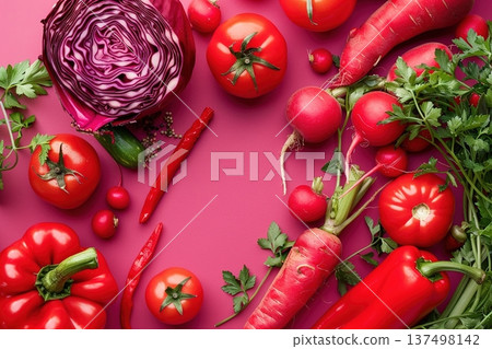 Fresh vegetables on pink background: tomatoes, peppers, radishes, carrots, and greens, colorful still life 137498142