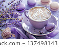 Lavender latte with macarons on violet table, romantic cafe scene 137498143
