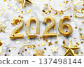 Gold 2026 year celebration with star confetti and streamers for New Year party 137498144