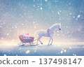 White horse pulls a snowy sleigh filled with presents through a magical winter scene 137498147