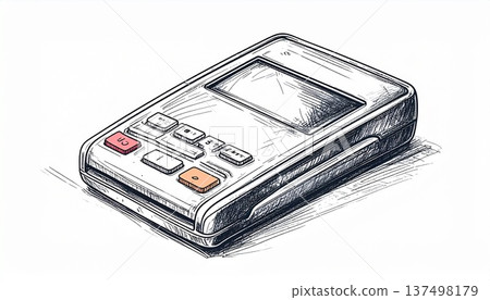 手繪信用卡付款插圖：將卡片插入終端機；無現金付款範例 137498179