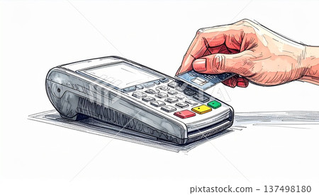 手繪信用卡付款插圖：將卡片插入終端機；無現金付款範例 137498180