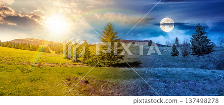 panorama of a beautiful countryside. day meet night. sun and moon over wonderful springtime landscape in mountains at twilight. spruce forest, grassy field and rolling hills. rural scenery panorama of a beautiful countryside. day meet night. sun and moon over wonderful springtime landscape in mountains at twilight. spruce forest, grassy field and rolling hills. rural scenery 137498278