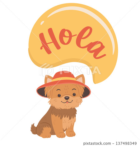 Cute yorkshire terrier dog wearing sombrero hat. English translation for Hola is Hello 137498349