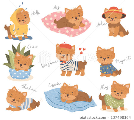 Set of cute yorkshire terrier puppy illustrations in different poses and outfits. English translation for - Shalom, Hallo, Ciao, Ahoj, Czesc, Aloha, Hola, Pryvit, Sveiki, Tere, Bonjour - is Hello. 137498364