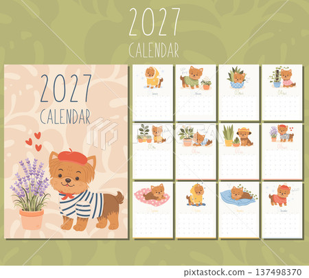 Cute 2027 yearly calendar layout with adorable yorkshire terrier dog illustrations. Vector printable planner design perfect for wall calendars, stationery and home organization. Cute 2027 yearly calendar layout with adorable yorkshire terrier dog illustrations. Vector printable planner design perfect for wall calendars, stationery and home organization. 137498370