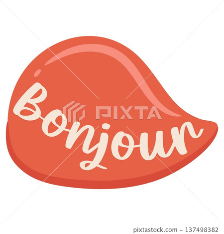 Colorful speech bubble sticker with Bonjour in French language - english for hello greeting Colorful speech bubble sticker with Bonjour in French language - english for hello greeting 137498382