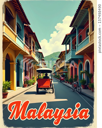 A rickshaw rides down a narrow street in Malaysia. Bright buildings line the road. Green hills are visible in the background under a clear blue sky. Plants decorate the scene. 137498490