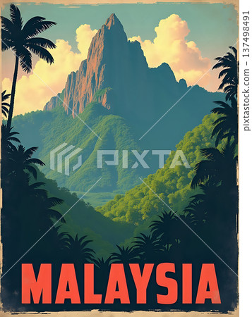 A large mountain stands tall surrounded by green hills and palm trees. The sky shows soft clouds during daytime. This scene showcases natural beauty in Malaysias landscape. 137498491