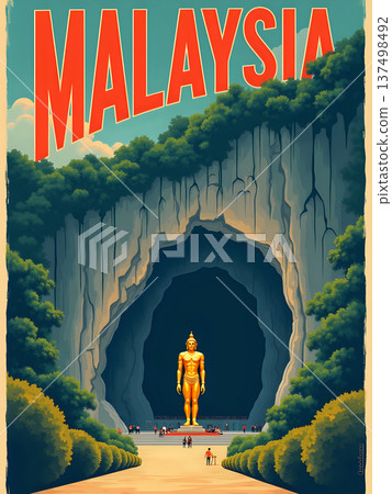 A large golden statue of a figure is located at the entrance of a dark cave. People walk around the area, enjoying the view. Green trees surround the cave, and it is daytime. 137498492