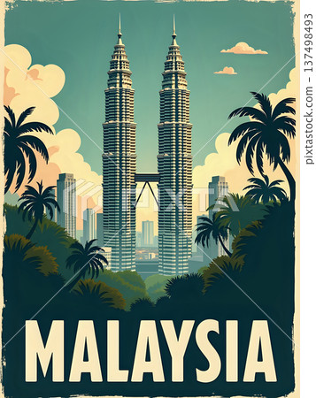 Tall structures reach toward the sky with a green background and palm trees in the front. The scene shows a city in Malaysia with other buildings in the distance and clouds above. 137498493