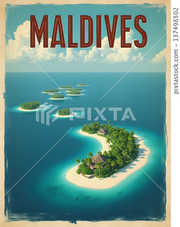A group of small islands in the Maldives surrounded by clear blue water. Each island has palm trees and sandy shores. The sky is bright with a few clouds. 137498502