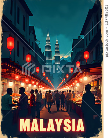 People walk through a busy night market in Malaysia. Food stalls line the street, and the Petronas Towers are visible in the background. Lanterns light up the scene during the evening. 137498503