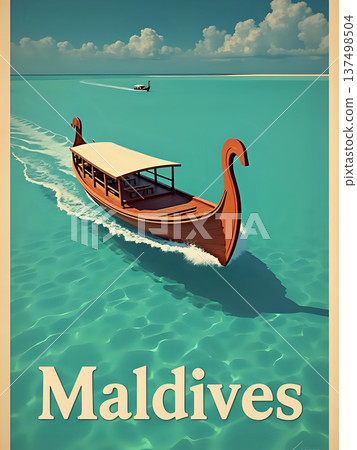 A wooden boat with a long shape moves through blue waters in the Maldives. The sky is bright, with a few clouds. Another boat is seen in the distance. This scene shows travel and adventure. 137498504