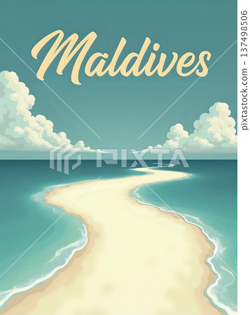 A sandy path stretches through clear water leading to the horizon. Soft clouds float above in the sky. This scene shows the tropical beauty of Maldives, inviting visitors to enjoy the views. 137498506