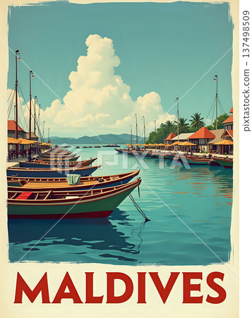Colorful boats are anchored at a harbor in Maldives. Clear blue water reflects the sky. Buildings line the shore, surrounded by green palm trees. The setting shows an inviting travel destination. 137498509