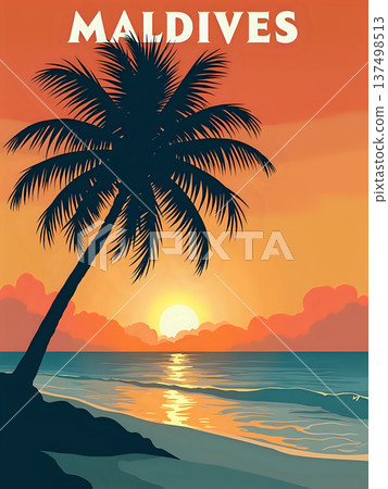 A palm tree stands tall by the beach as the sun sets in the Maldives. The sky is filled with orange and pink hues. Waves gently lap against the shore. The scene captures a moment of evening beauty. 137498513