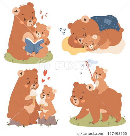 Set of four cute cartoon illustrations of mama bear with kid Set of four cute cartoon illustrations of mama bear with kid 137498560