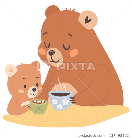 Cute cartoon tea time mama bear with kid illustration for Mothers day Cute cartoon tea time mama bear with kid illustration for Mothers day 137498562