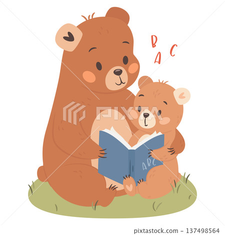 Cute cartoon mama bear reading time with kid illustration for Mothers day Cute cartoon mama bear reading time with kid illustration for Mothers day 137498564