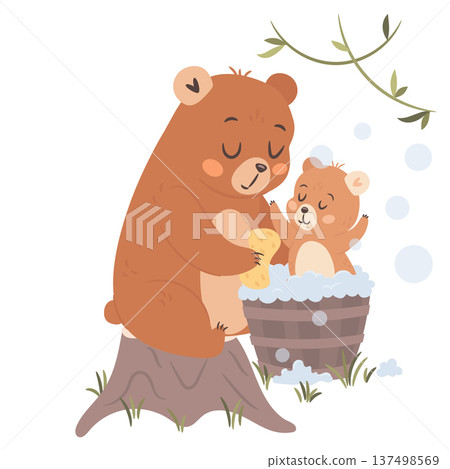 Cute cartoon mama bear bath time with kid illustration for Mothers day 137498569