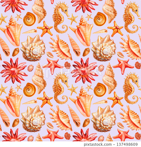 Seahorse seashell patterns with orange starfish coral and conch shells on lilac background Seahorse seashell patterns with orange starfish coral and conch shells on lilac background 137498609