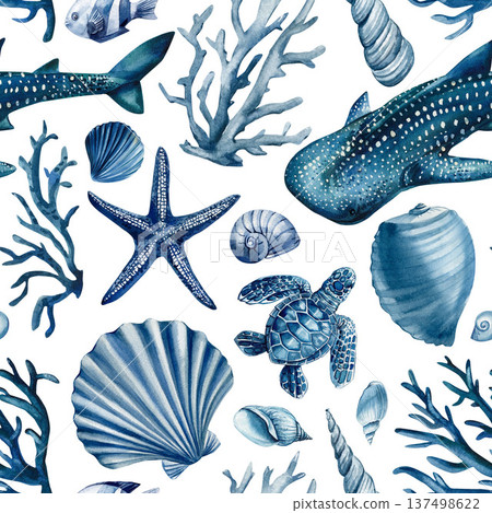 Whale shark ocean pattern with blue sea turtle starfish shells and coral on white background 137498622