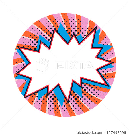 Circle sticker with bold comic starburst label and blank text box in vibrant pop art style. Orange and pink radial rays with black halftone dots frame for sale badges, promo labels, sticker designs. 137498696