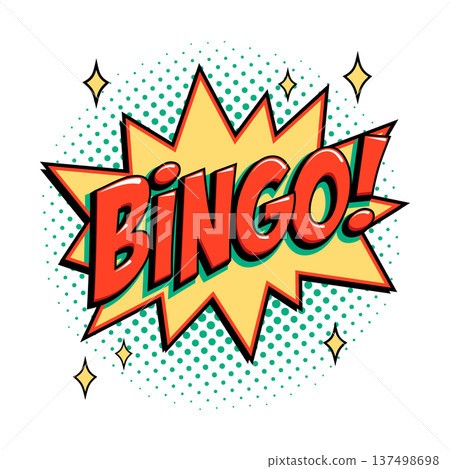 Bingo starburst icon in retro comic style with bold red lettering on yellow star shape and green halftone background. Bright vector bingo logo for lottery, lotto, casino posters and game branding Bingo starburst icon in retro comic style with bold red lettering on yellow star shape and green halftone background. Bright vector bingo logo for lottery, lotto, casino posters and game branding 137498698