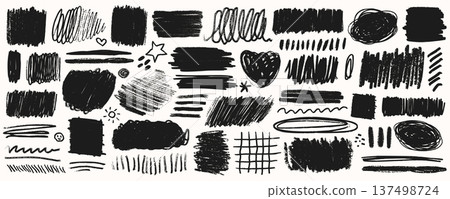 Crayon line highlight scribble set in black on white background with underline strokes, boxes and simple doodle icons. Crayon line highlight marks in rough pencil texture Crayon line highlight scribble set in black on white background with underline strokes, boxes and simple doodle icons. Crayon line highlight marks in rough pencil texture 137498724