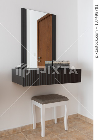 Modern black floating vanity with mirror, stool Modern black floating vanity with mirror, stool 137498781