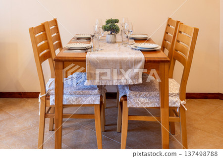 Wooden dining table set for four, green bonsai Wooden dining table set for four, green bonsai 137498788