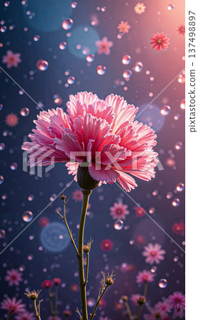 Soft pink bloom amidst shimmering dewdrops. Soft pink carnation (Dianthus caryophyllus) stands tall, illuminated against an abstract bokeh background. 137498897