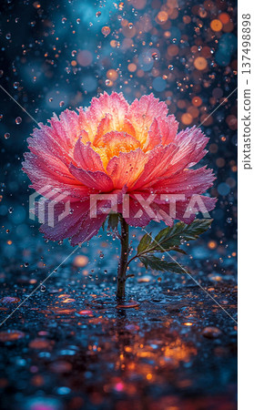 Soft pink bloom amidst shimmering dewdrops. Soft pink carnation (Dianthus caryophyllus) stands tall, illuminated against an abstract bokeh background. 137498898