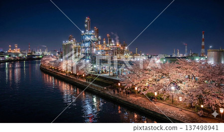 櫻花樹與工廠夜景。沿河綿延的建築群與春夜景色。 137498941