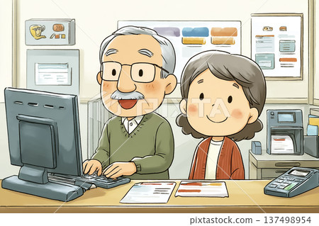 仍在工作的老人 | 在銀行使用電腦的高級職員 137498954