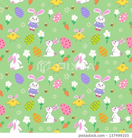 Seamless pattern with cute bunnies, Easter eggs, chicks, and tiny flowers. Cute hand-drawn bunnies and chicks Seamless pattern with cute bunnies, Easter eggs, chicks, and tiny flowers. Cute hand-drawn bunnies and chicks 137499103