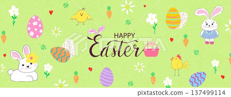 A cute Easter card with a bunny and chick. A trendy modern design with patterned Easter eggs on a textured background. Bunnies, chicks, and Easter eggs 137499114