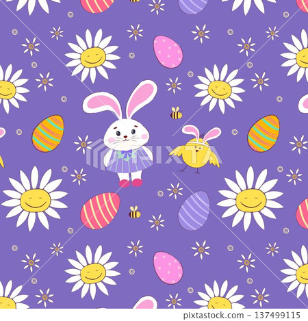 Seamless pattern with cute bunnies, Easter eggs, chicks, and tiny flowers. Cute hand-drawn bunnies and chicks Seamless pattern with cute bunnies, Easter eggs, chicks, and tiny flowers. Cute hand-drawn bunnies and chicks 137499115