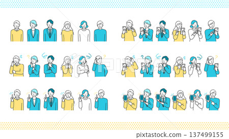 Set of line drawings of seniors and young people searching and worrying on smartphones 137499155