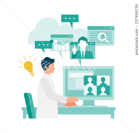 A man on his desktop solving problems while working from home A man on his desktop solving problems while working from home 137499156