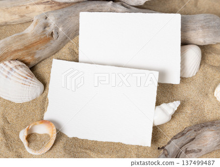 Mockup of blank cards on beige sand with seashells, template for beach wedding and event graphics 137499487