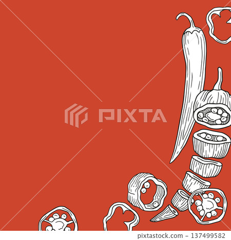 Hand-drawn sliced fresh chili pepper and chili seeds and slices frame composition for ingredients or product design Hand-drawn sliced fresh chili pepper and chili seeds and slices frame composition for ingredients or product design 137499582