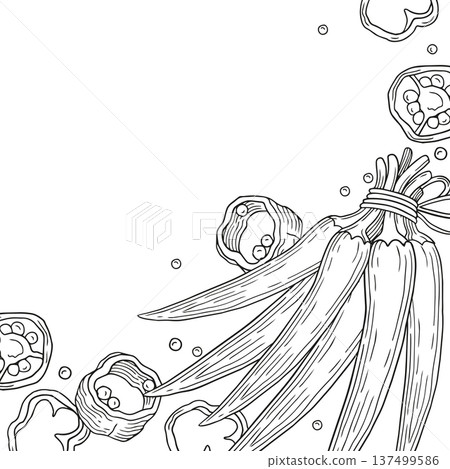 Hand-drawn composition made of bundle of fresh chili peppers with a rope and a bow, chili seeds and slices in graphic sketch style Hand-drawn composition made of bundle of fresh chili peppers with a rope and a bow, chili seeds and slices in graphic sketch style 137499586