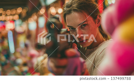 Woman with purple cast aims for prizes at lively fair game booth 137499788