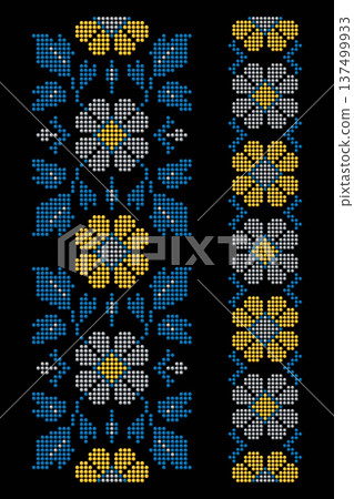 Dotted Floral Motif Yellow Blue, Black Background Dotted Floral Motif Yellow Blue, Black Background 137499933