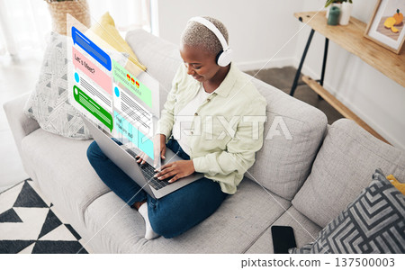 Laptop, social media icon or woman typing for communication, message or online chat. Headphones, notification overlay or African person streaming on music app on website or digital network at home Laptop, social media icon or woman typing for communication, message or online chat. Headphones, notification overlay or African person streaming on music app on website or digital network at home 137500003