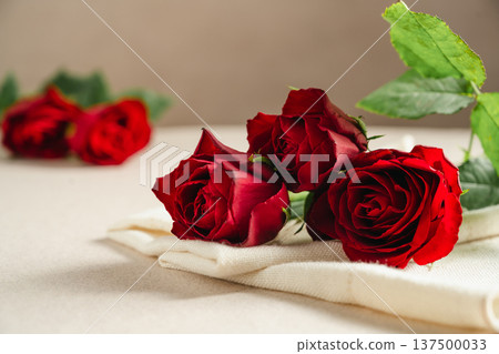 Mother's Day or Valentine's Day background. Red rose flowers on neutral background. Greeting card template, copy space Mother's Day or Valentine's Day background. Red rose flowers on neutral background. Greeting card template, copy space 137500033